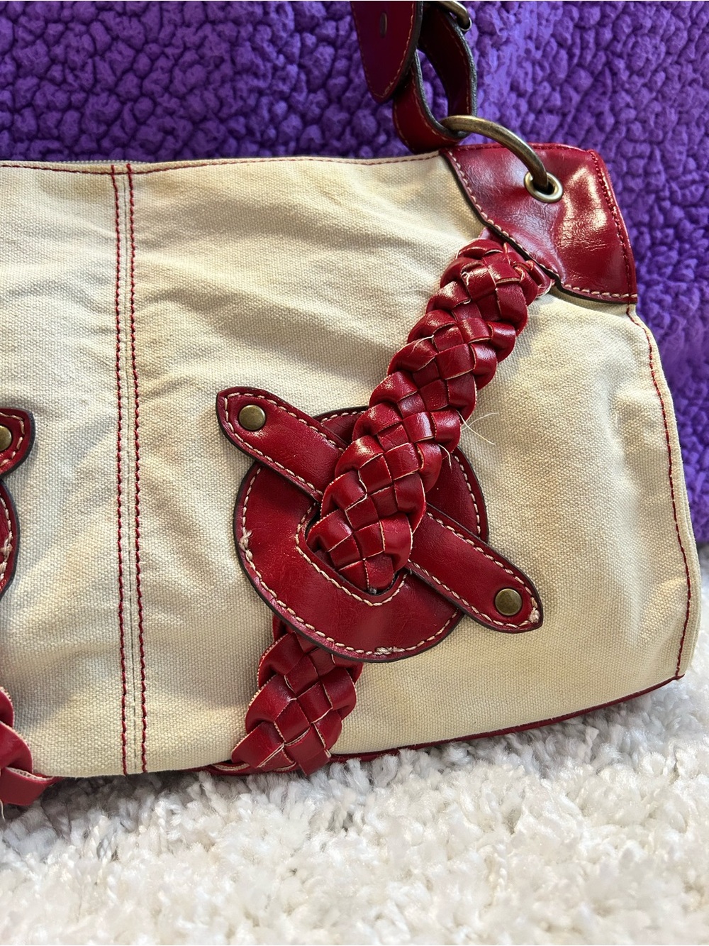 Maurizio Taiuti Cream Shoulder Bag with Red Braided Accents - Picture 6 of 6